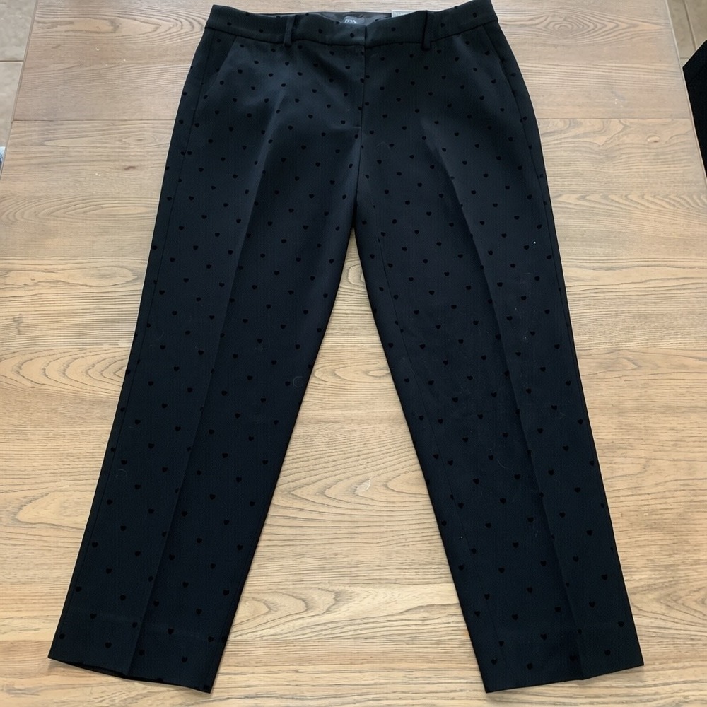 Talbots Hampshire Ankle Pants 14P Black Flocked Heart Straight Leg Petite NWT